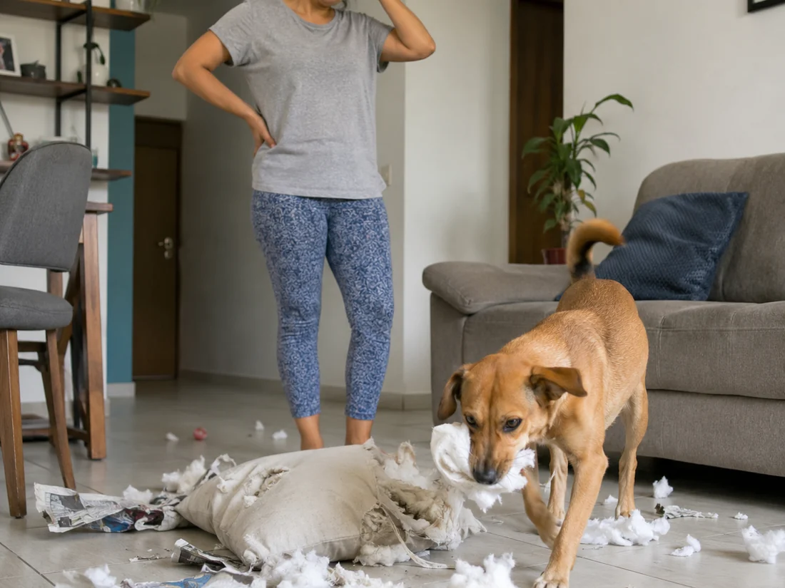 Mujer latina exhausta sosteniéndose la cabeza mientras su perro destruye cojines en la sala