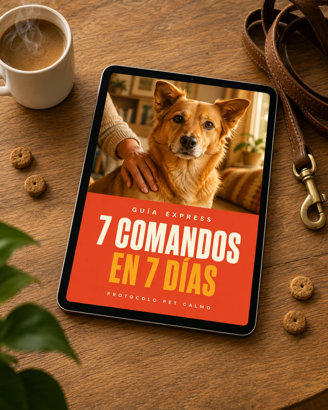 Guía 7 Comandos en 7 Días en tablet sobre mesa de madera con taza de café y correa de perro
