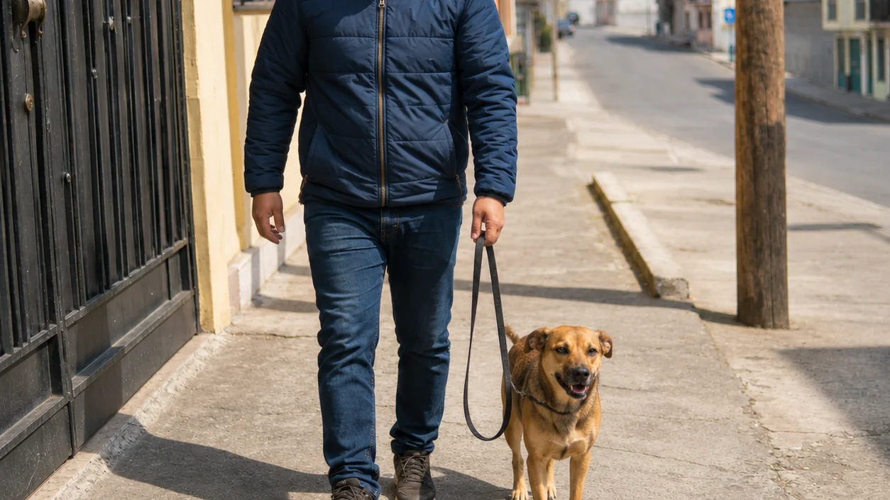 Mujer paseando a su perro calmamente con correa floja en un parque al atardecer